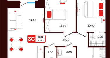 3-к. квартира, 60 м²