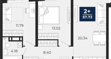 2-к. квартира, 57 м²