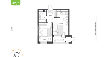 1-к. квартира, 42&nbsp;м²