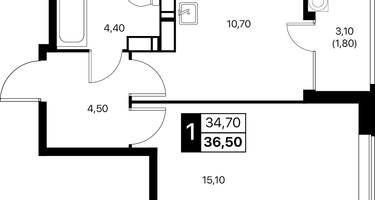 1-к. квартира, 36&nbsp;м²