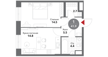 1-к. квартира, 42 м²