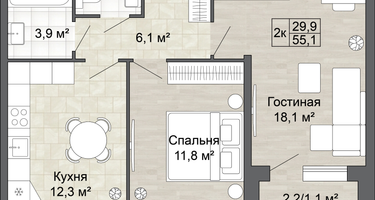 2-к. квартира, 55 м²