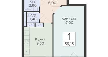 1-к. квартира, 39&nbsp;м²