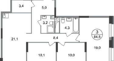 3-к. квартира, 84&nbsp;м²