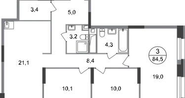3-к. квартира, 84&nbsp;м²