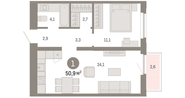1-к. квартира, 50 м²