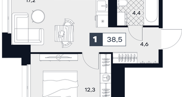 1-к. квартира, 38&nbsp;м²