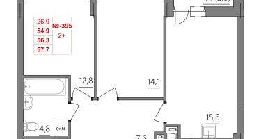 2-к. квартира, 56 м²