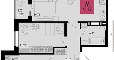 2-к. квартира, 61&nbsp;м²