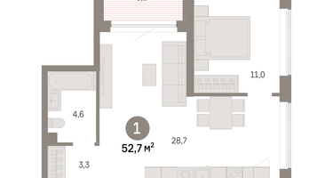 1-к. квартира, 52&nbsp;м²