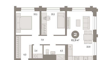 2-к. квартира, 61&nbsp;м²