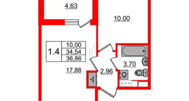 1-к. квартира, 34 м²