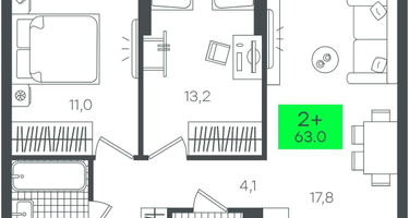 2-к. квартира, 63&nbsp;м²