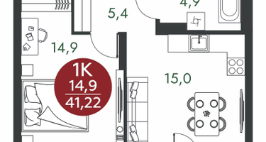 1-к. квартира, 41 м²