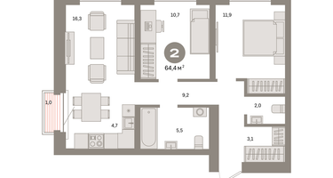 2-к. квартира, 64 м²