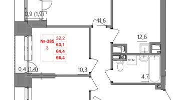 3-к. квартира, 64 м²