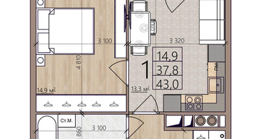 1-к. квартира, 43&nbsp;м²