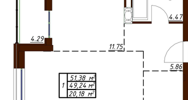 1-к. квартира, 51&nbsp;м²