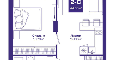 2-к. квартира, 44&nbsp;м²