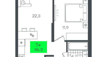 1-к. квартира, 46&nbsp;м²