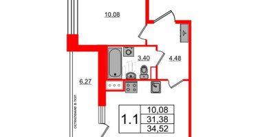 1-к. квартира, 31&nbsp;м²
