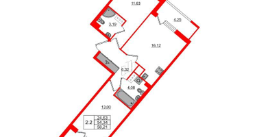 2-к. квартира, 54&nbsp;м²