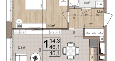1-к. квартира, 46&nbsp;м²
