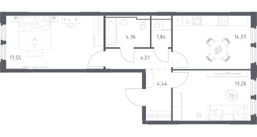 2-к. квартира, 60&nbsp;м²