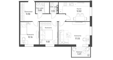 3-к. квартира, 68 м²