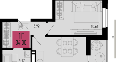 1-к. квартира, 34&nbsp;м²