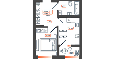 1-к. квартира, 39 м²