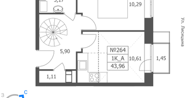 1-к. квартира, 43 м²