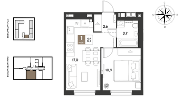 1-к. квартира, 34&nbsp;м²