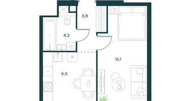 1-к. квартира, 34 м²