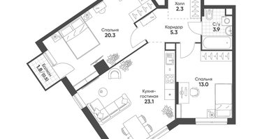 2-к. квартира, 68&nbsp;м²