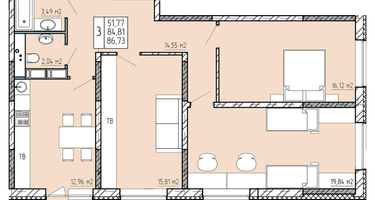 3-к. квартира, 86&nbsp;м²