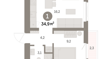 1-к. квартира, 34&nbsp;м²
