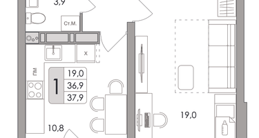 1-к. квартира, 37 м²