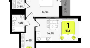 1-к. квартира, 47&nbsp;м²