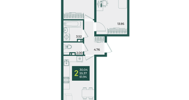2-к. квартира, 61 м²