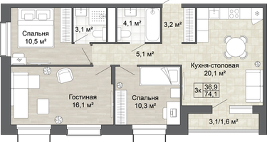3-к. квартира, 74 м²