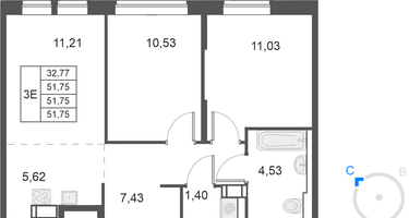 3-комнатная квартира, 51&nbsp;м²