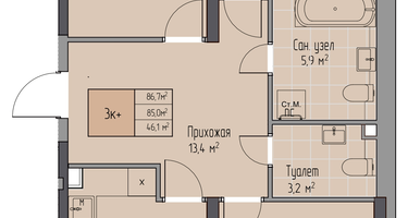 3-к. квартира, 86 м²