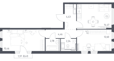 2-к. квартира, 56&nbsp;м²
