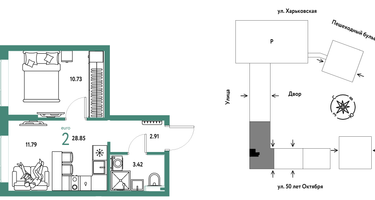 2-к. квартира, 28&nbsp;м²