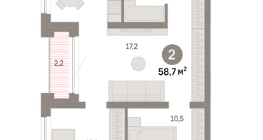 2-к. квартира, 58&nbsp;м²