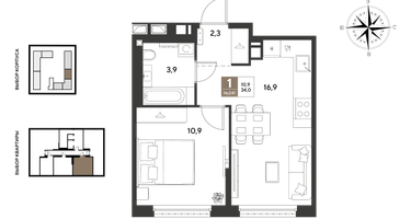 1-к. квартира, 34&nbsp;м²
