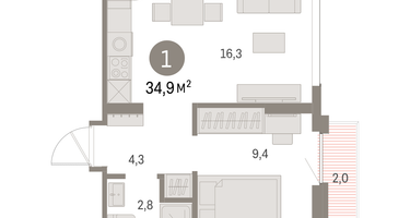 1-к. квартира, 34&nbsp;м²
