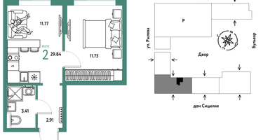 2-к. квартира, 29&nbsp;м²