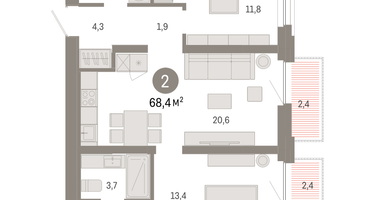 2-к. квартира, 68 м²